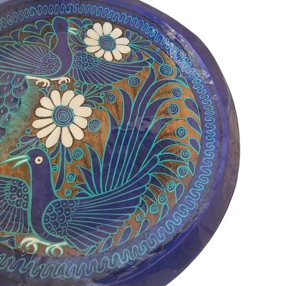 Cobalt Blue Hand Painted, Signed & Sealed Peacock Floral Art Wooden Plate Art - Picture 5 of 6